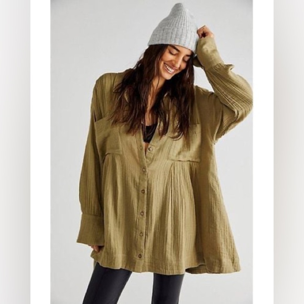 Free people oversized muslin sage green button down size xl